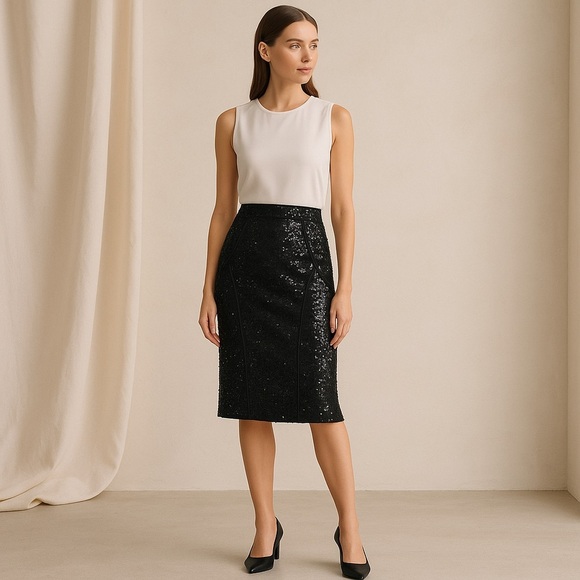 NWT Donna Karan Seamed Sequin Pencil Skirt 10 Black - Picture 1 of 15